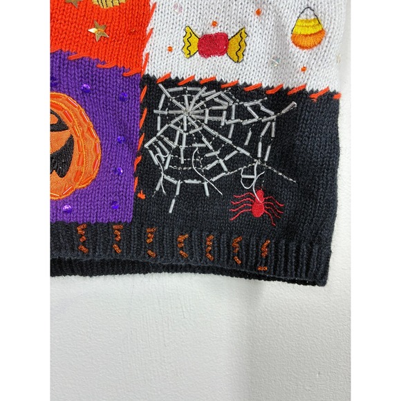 Vintage Halloween Sweater Vest Medium Black Orange Patchwork Beaded Witch - Picture 6 of 10